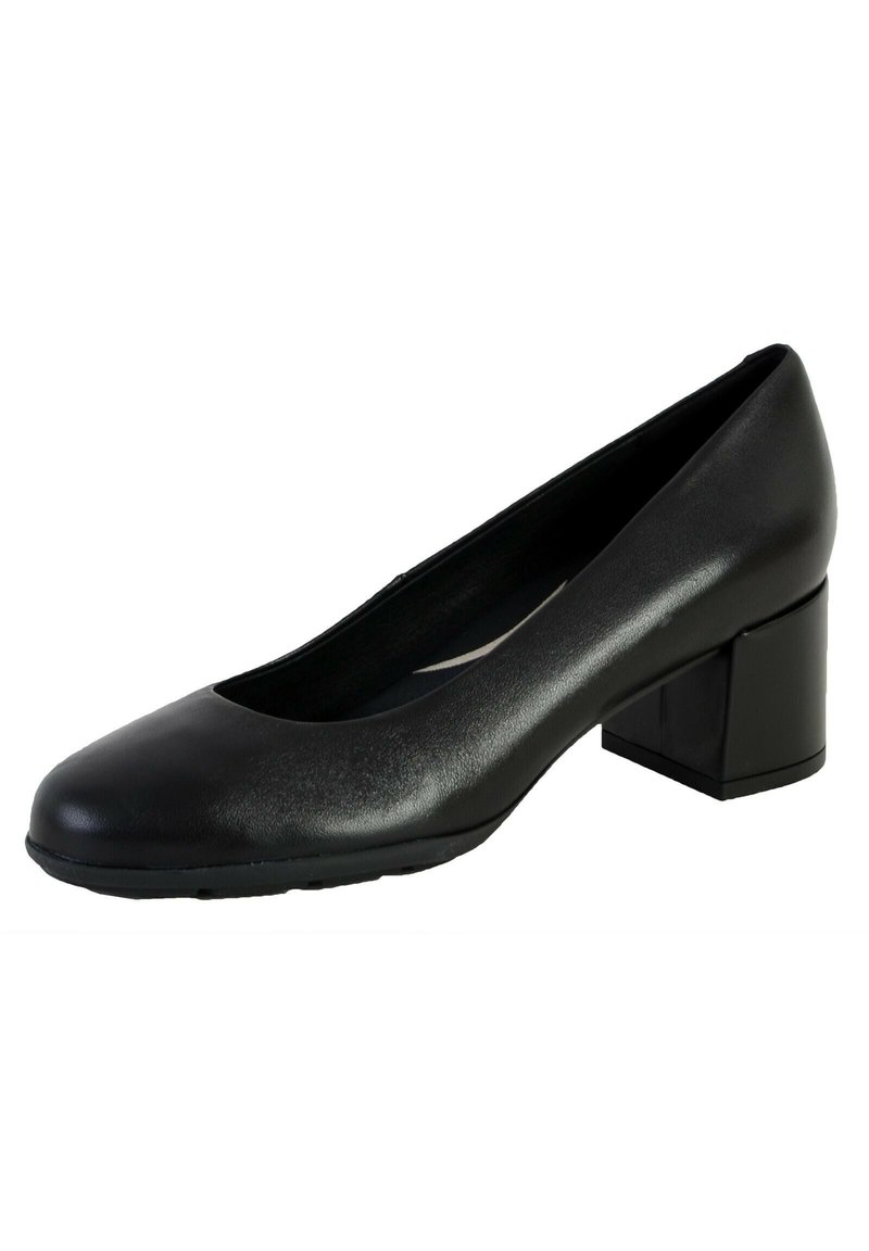 Pumps nere con tacco alto e punta tonda, realizzate in materiale sintetico liscio. Presentano un tacco basso e squadrato e una leggera lucentezza sulla superficie.