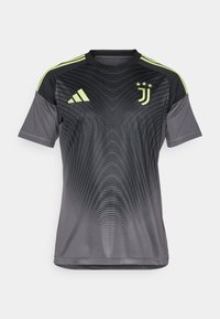 Gray athletic jersey with a gradient design, featuring black sleeves, three green stripes on the shoulders, and a Juventus logo.
