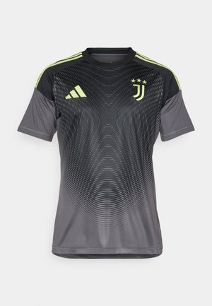 Szary sportowy trykot z gradientowym wzorem, posiadający czarne rękawy, trzy zielone paski na ramionach oraz logo Juventusu.