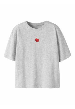 Light gray short-sleeve T-shirt with a small red heart graphic and the words "I am ever" centered on the chest.