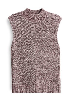 Knit sleeveless top in a maroon and cream heather pattern. High neck with ribbed trim; textured surface with a diagonal stitch detail.
