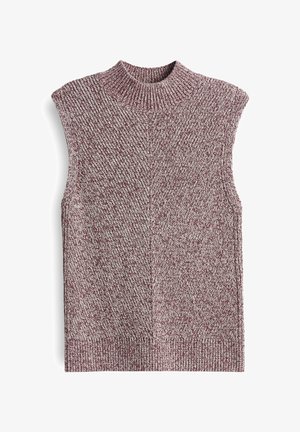 Top sans manches en tricot dans un motif bordeaux et crème chiné. Col montant avec finition côtelée ; surface texturée avec un détail de couture en diagonale.
