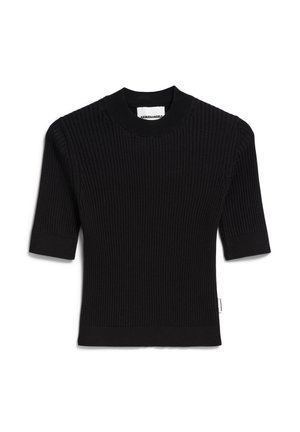 Zwart geribbeld short-sleeve trui met een ronde halslijn en een gladde textuur. Heeft een zoom die op de taille zit en een minimale merklabel.