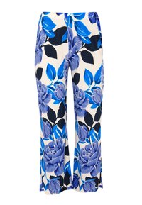Bloemen wijduitlopende broek van zachte stof. Heeft een witte achtergrond met grote blauwe bloemen en groene bladeren, wat zorgt voor een vloeiende uitstraling.