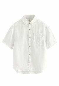 Weißes kurzärmeliges Hemd aus Leinen mit Knopfkragen, Brusttasche und Holzknöpfen entlang der Knopfleiste. Glatte Textur.