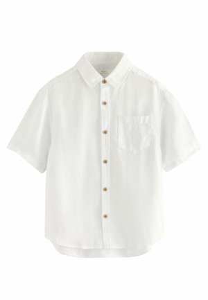 Witte linnen shirt met korte mouwen, knoopsluiting, kraag en een borstzak. Voorzien van houten knopen en een losse pasvorm.