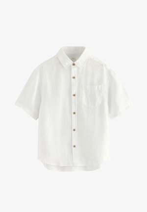 Valge lühikeste varrukatega linane särk, millel on nööpidega allaspandav krae, ees tasku ja puidust nööbid nööbiliistul. Sile tekstuur.