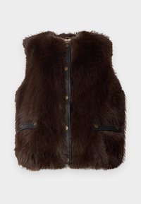 Gilet en fausse fourrure marron avec un devant en cuir noir, comportant deux poches avec des accents de boutons dorés et un col haut.