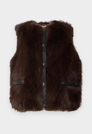 Brown faux fur vest with a black leather front, featuring two pockets with gold button accents and a high collar.