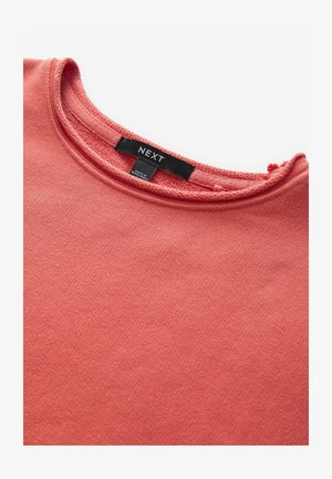 Coral-colored t-shirt made of soft cotton with a crew neck, featuring a label with the brand name "NEXT" sewn at the neckline.