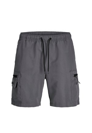 Pantalones cortos de cargo grises con una cintura elástica, cordón ajustable, dos bolsillos laterales y acentos con cremallera. Fabricados con material ligero.