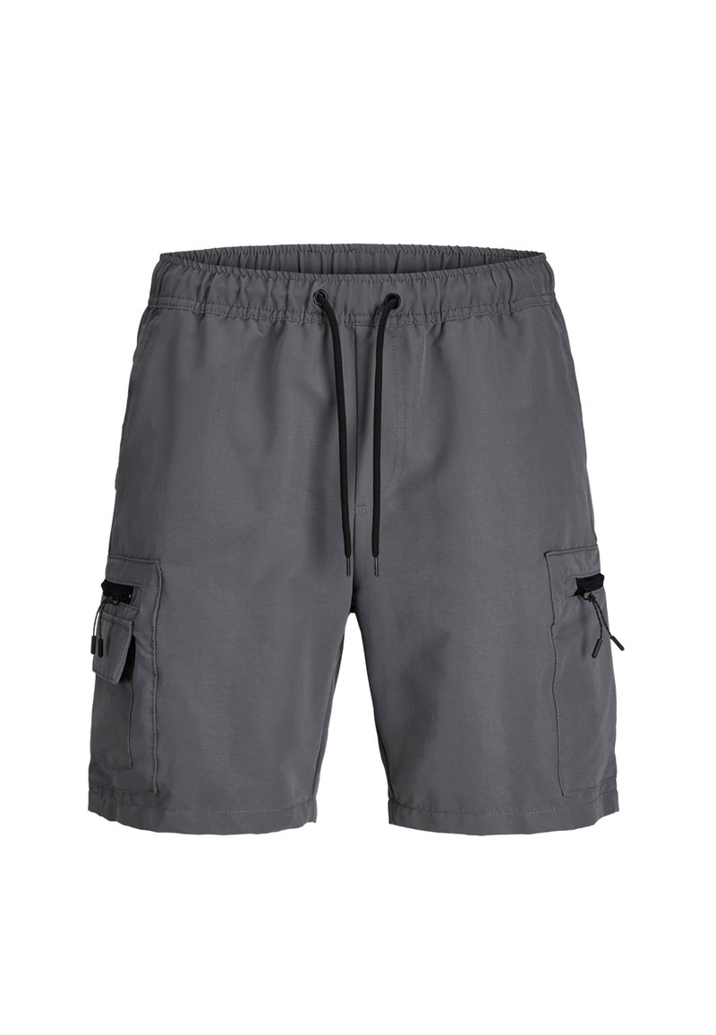 Graue Cargo-Shorts mit elastischem Bund, verstellbarem Kordelzug, zwei seitlichen Taschen und Reißverschlussakzenten. Hergestellt aus leichtem Material.