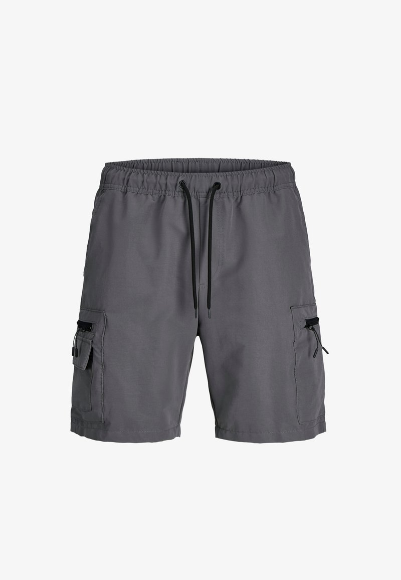 Graue Cargo-Shorts mit elastischem Bund, verstellbarem Kordelzug, zwei seitlichen Taschen und Reißverschlussakzenten. Hergestellt aus leichtem Material.