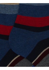 Calzini a righe nei toni del blu, grigio e rosso. Realizzati in morbido tessuto lavorato a maglia con righe scure e chiare a contrasto. Presentano un tallone rinforzato.