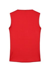 Top rosso senza maniche con una finitura liscia, vestibilità slim, scollatura rotonda e orli puliti, realizzato in un colore solido senza motivi.