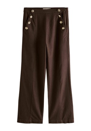 Dark brown wide-leg pants with high waist and six decorative silver buttons near the pockets on a plain background.