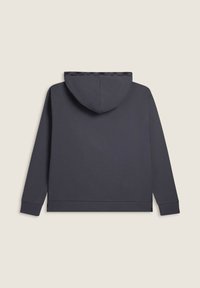 Felpa con cappuccio grigia con coulisse, polsini a costine e orlo dritto. Tessuto liscio e design minimalista senza motivi o dettagli visibili.