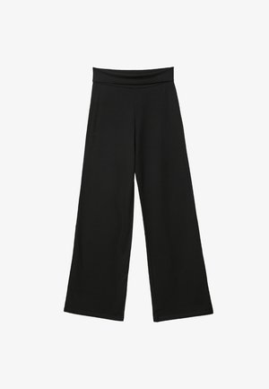 Pantalon large noir en tissu doux, avec une taille haute élastique, des jambes longues et sans motifs ni accents visibles.