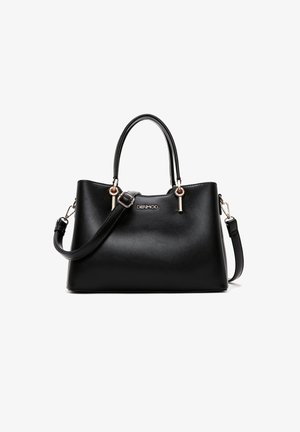 Bolso negro hecho de material sintético suave, con asas dobles, una correa de hombro desmontable y acentos de hardware en tono dorado.