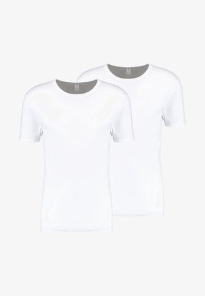 Zwei weiße kurzärmelige T-Shirts mit Rundhalsausschnitt, aus einem Baumwollmischgewebe gefertigt. Glatte Textur, gleichmäßig genähte Nähte, keine Muster oder Grafiken.