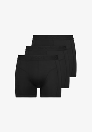 Schwarze Boxerbriefs, Dreier-Pack, aus glattem Stoff mit einem weichen Bund, der das eingearbeitete "SNOCKS"-Logo trägt. Mittel-lange bis zum Oberschenkel.