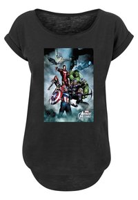 Svart t-skjorte med rund hals og oppbrettede ermer med et Avengers-motiv som har flere karakterer og farger.