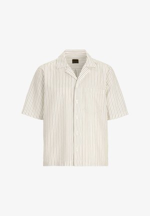 Kurzärmliges Hemd mit Knöpfen in hellem Creme mit schmalen vertikalen Streifen. Verfügt über einen mit Schlitz versehenen Kragen und eine Brusttasche auf der linken Seite. Leichtes Material.