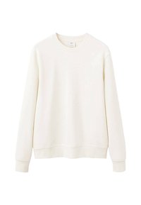 Sudadera crema con mangas largas, puños y dobladillo acanalados, confeccionada en tela suave y texturizada. Presenta un escote redondo clásico y un diseño sencillo.