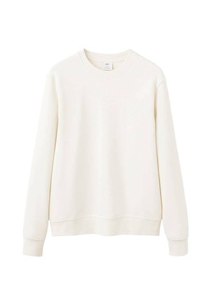 Kremna majica s kapuco z dolgimi rokavi, rebrastimi manšetami in robom, iz mehkega, teksturiranega blaga. Ima klasičen okrogel izrez in preprost dizajn.