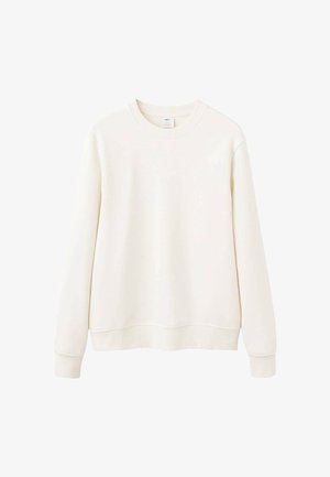 Bluză sport crem cu mâneci lungi, manșete și tiv nervurate, realizată dintr-o țesătură moale și texturată. Are un guler clasic rotund și un design simplu.