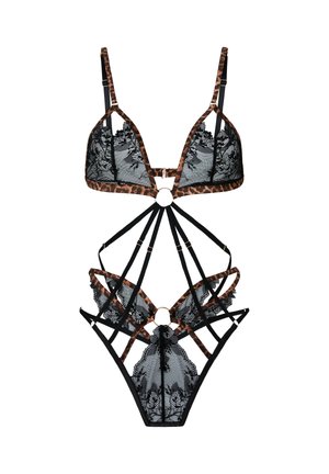 Ensemble de lingerie à bretelles en dentelle noire et imprimé léopard, avec soutien-gorge intégré et culottes taille haute avec anneaux décoratifs et détails en dentelle florale.
