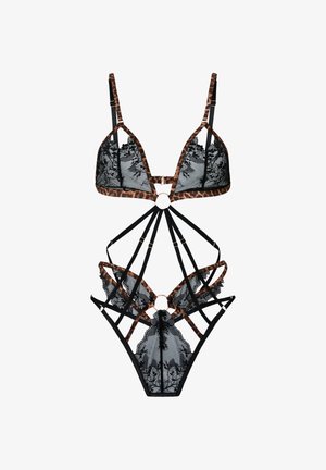 Set aus schwarzer Spitze und Leopardenmuster mit Trägern, bestehend aus verbundenem BH und hoch taillierten Höschen mit dekorativen Ringen und floralen Spitzen-Details.