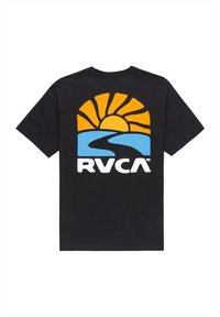 Sort bomulds-T-shirt med et farverigt grafik af en sol og en flod, med "RVCA" tekst nedenfor i fede hvide bogstaver.