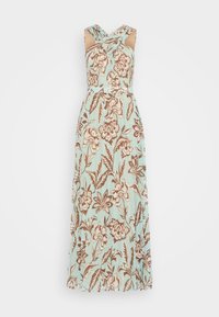 Lunga vestito floreale con uno sfondo azzurro chiaro e motivi floreali marroni. Presenta un design a spalline incrociate e un corpetto aderente.