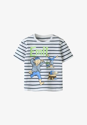 White and navy striped short-sleeve shirt featuring illustrations of a boy named Emil in blue pajamas playing and standing barefoot.