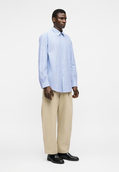 Άνδρας με ανοιχτό μπλε πουκάμισο με ρίγες, μπεζ παντελόνι φαρδύ στο πόδι και μαύρα επίσημα παπούτσια, στέκεται μπροστά σε απλό λευκό φόντο.