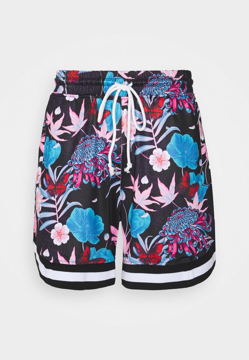 Black floral swim shorts featuring a vibrant pattern of blue and pink flowers, with a white drawstring and contrasting white side stripes.