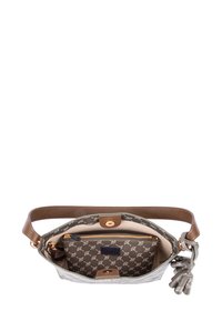 Brązowa torba na ramię z wzorzystym wnętrzem. Posiada kieszeń na zamek, zapięcie magnetyczne oraz dekoracyjny chwost. Wykonana z tkaniny i skóry.
