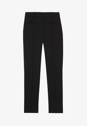 Black tailored straight-leg trousers with belt loops and two welt pockets at the back, designed for formal wear.