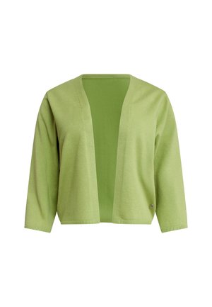 Green open-front cardigan made of soft, textured fabric with long sleeves and ribbed hem. Features a small logo accent on the front.