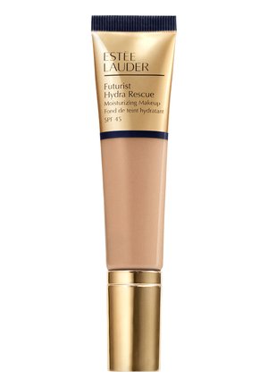Fond de teint hydratant Futurist Hydra Rescue d'Estée Lauder dans un tube beige avec des accents dorés, doté d'un capuchon à vis et étiqueté SPF 45.