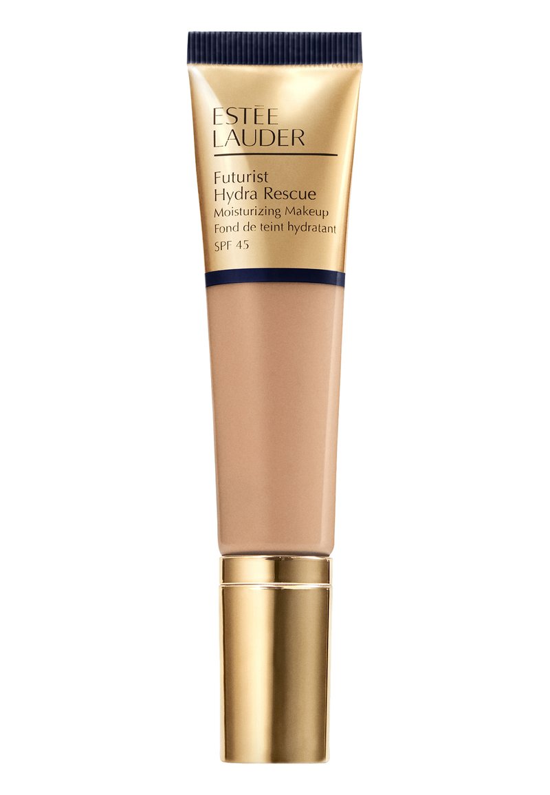 Estee Lauder Futurist Hydra Rescue feuchtigkeitsspendendes Makeup in einer beigen Tube mit goldenen Akzenten, ausgestattet mit einem Drehverschluss und einem SPF 45 Aufkleber.