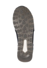 Black rubber shoe sole featuring a textured design with triangular treading for traction. Includes a white brand logo insert.