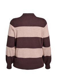 Strikket pullover med krave, prydet med brede vandrette striber i mørkebrun og lys beige. Blød tekstur og afslappet pasform.