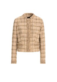 Beige zkrácená bunda vyrobená z texturovaného tvídu s kostkovaným vzorem, s mandarínovým límcem a předními kapsami s klopami a knoflíky.