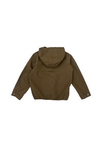 Giacca impermeabile marrone con cappuccio, orlo e polsini elasticizzati, texture liscia e un design semplice e pulito. Coulisse regolabile sul cappuccio.
