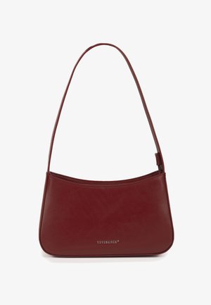 Bolso de hombro de cuero rojo oscuro con una correa delgada y el logo "VIVISENCE" en relieve en el centro frontal.