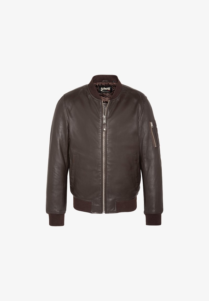 Veste bomber en cuir marron foncé avec fermeture éclair à l'avant, col, poignets et ourlet côtelés, et poche zippée sur la manche gauche.