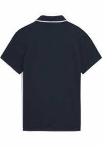 Navyblaues Poloshirt mit geripptem Kragen und weißen Akzenten, kurzen Ärmeln und einem glatten Baumwollmischgewebe. Einfaches und klassisches Design.