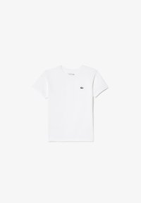 White cotton t-shirt with short sleeves, crew neckline, and small green Lacoste logo on the left chest. Smooth texture, casual fit.